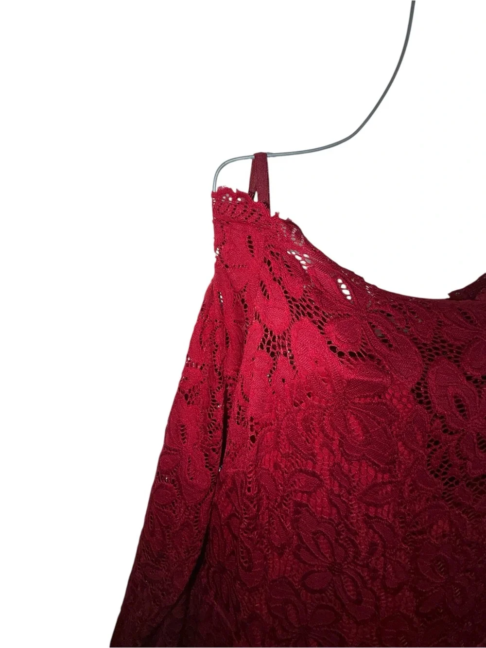 Wine Red Lace Off-Shoulder Midi Dress with Spaghetti Straps